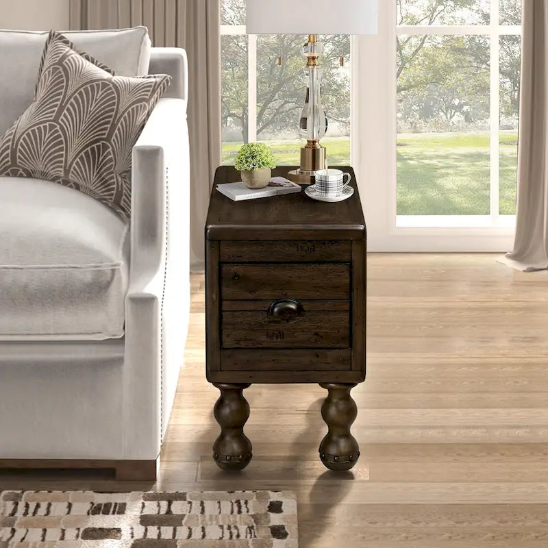 Tavolino finale in legno massello, tavolino laterale stretto rettangolare da 23,6 pollici con cassetto, comodino vintage per piccoli spazi