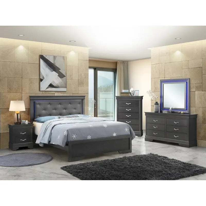 Letto matrimoniale con pannello trapuntato a gioiello e rivestimento metallico con luci a LED - 85 - Nero