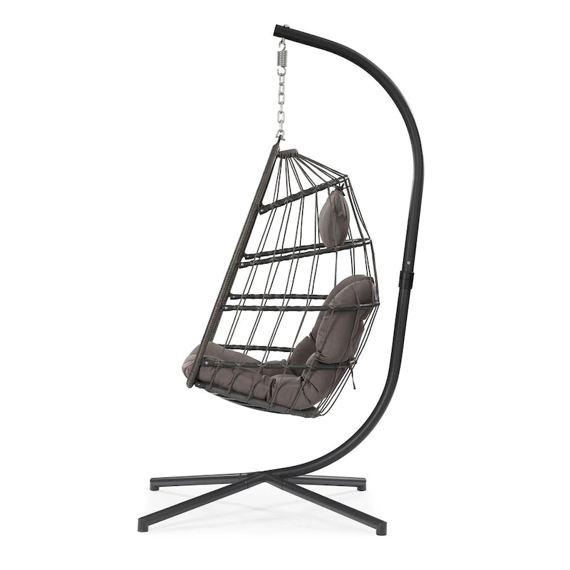 Sedia a dondolo pensile in vimini per patio esterno, vimini e rattan per tutte le stagioni e telaio in alluminio con cuscino e poggiatesta