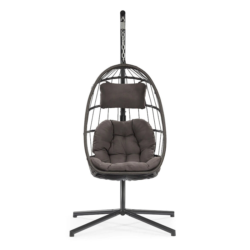 Sedia a dondolo pensile in vimini per patio esterno, vimini e rattan per tutte le stagioni e telaio in alluminio con cuscino e poggiatesta