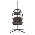 Sedia a dondolo pensile in vimini per patio esterno, vimini e rattan per tutte le stagioni e telaio in alluminio con cuscino e poggiatesta