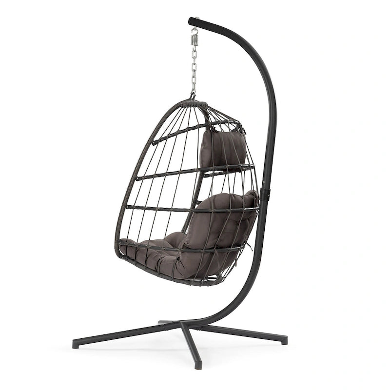 Sedia a dondolo pensile in vimini per patio esterno, vimini e rattan per tutte le stagioni e telaio in alluminio con cuscino e poggiatesta