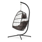 Sedia a dondolo pensile in vimini per patio esterno, vimini e rattan per tutte le stagioni e telaio in alluminio con cuscino e poggiatesta