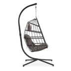 Sedia a dondolo pensile in vimini per patio esterno, vimini e rattan per tutte le stagioni e telaio in alluminio con cuscino e poggiatesta