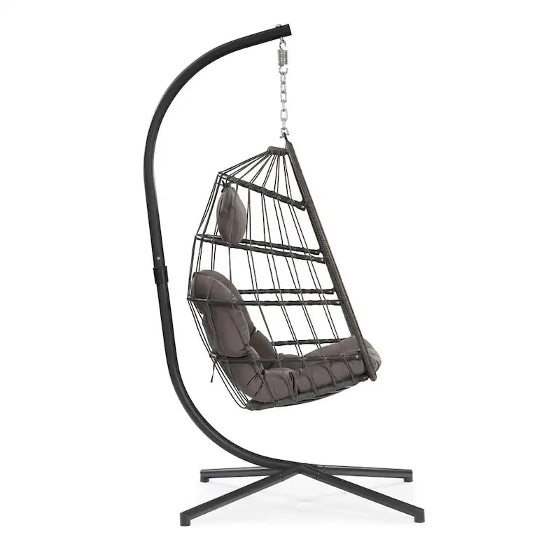 Sedia a dondolo pensile in vimini per patio esterno, vimini e rattan per tutte le stagioni e telaio in alluminio con cuscino e poggiatesta