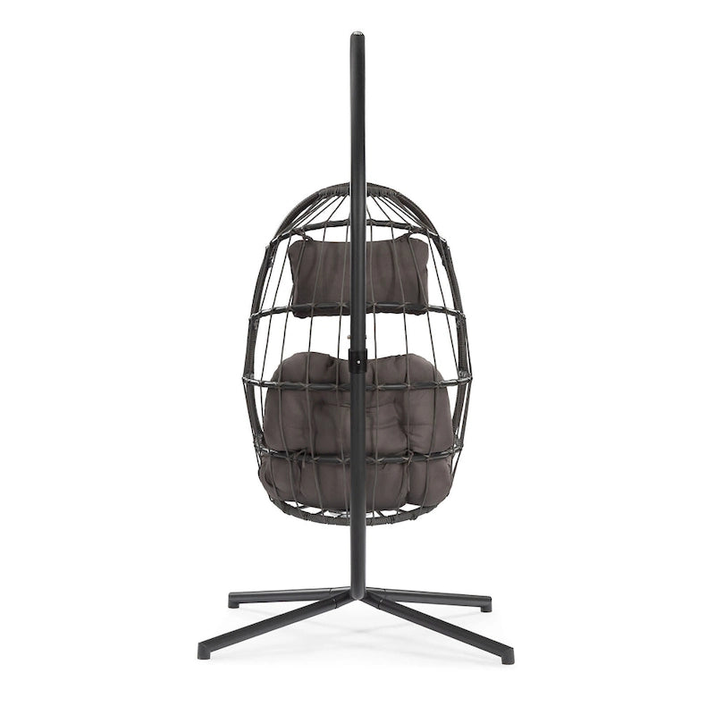 Sedia a dondolo pensile in vimini per patio esterno, vimini e rattan per tutte le stagioni e telaio in alluminio con cuscino e poggiatesta