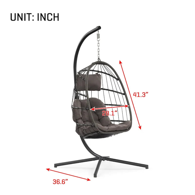 Sedia a dondolo pensile in vimini per patio esterno, vimini e rattan per tutte le stagioni e telaio in alluminio con cuscino e poggiatesta