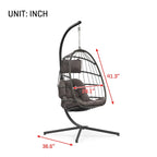 Sedia a dondolo pensile in vimini per patio esterno, vimini e rattan per tutte le stagioni e telaio in alluminio con cuscino e poggiatesta