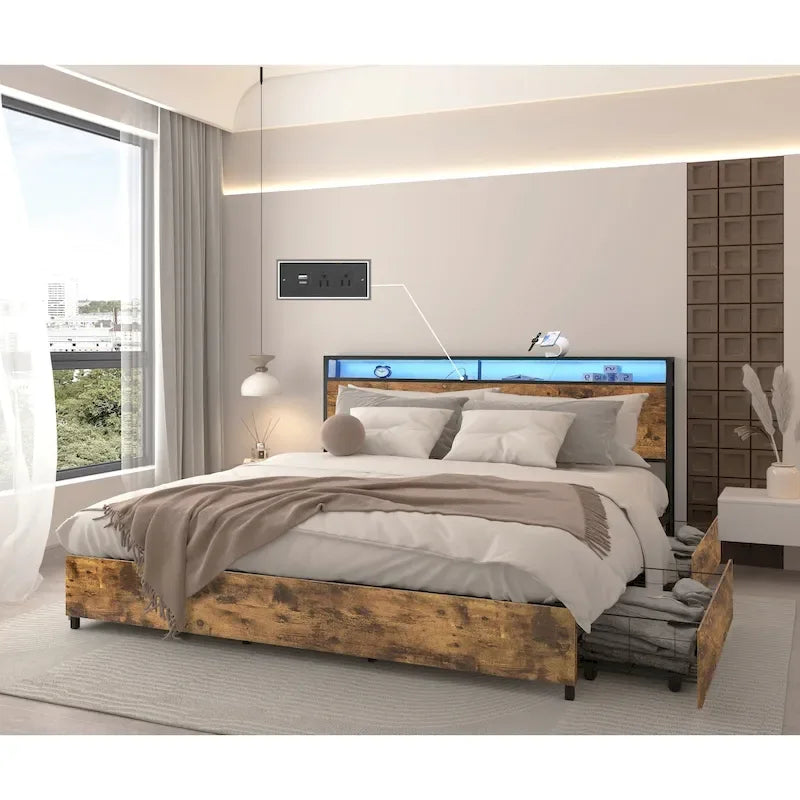 Letto Smart King con luci LED e stazione di ricarica, 4 cassetti, oltre 60.000 colori RGB