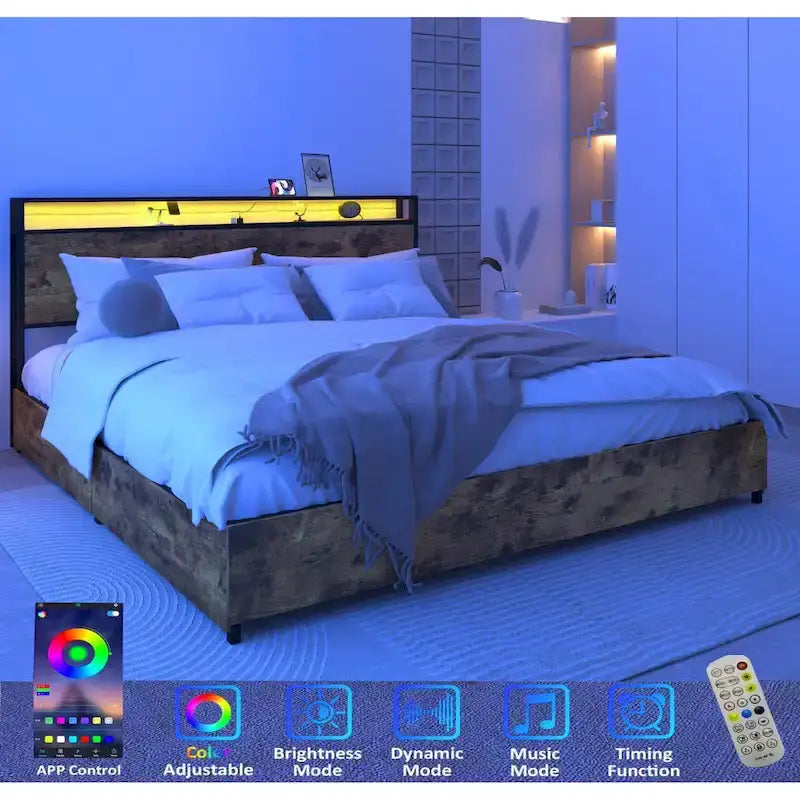 Letto Smart King con luci LED e stazione di ricarica, 4 cassetti, oltre 60.000 colori RGB