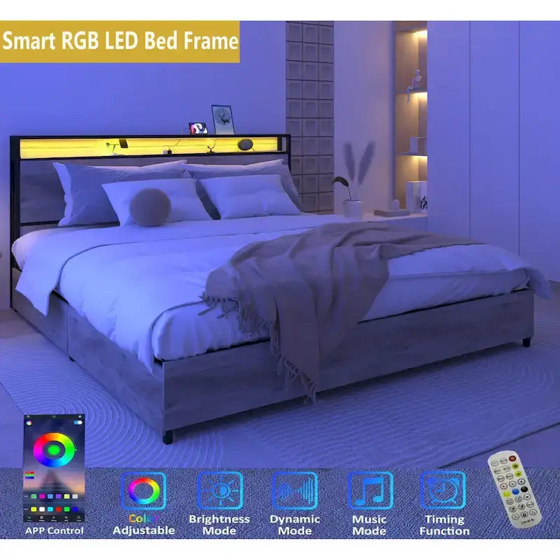 Letto Smart King con luci LED e stazione di ricarica, 4 cassetti, oltre 60.000 colori RGB