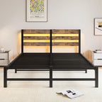 Letto matrimoniale moderno in metallo beige e marrone con testiera in legno, luci RGB e ripiano portaoggetti per camera da letto
