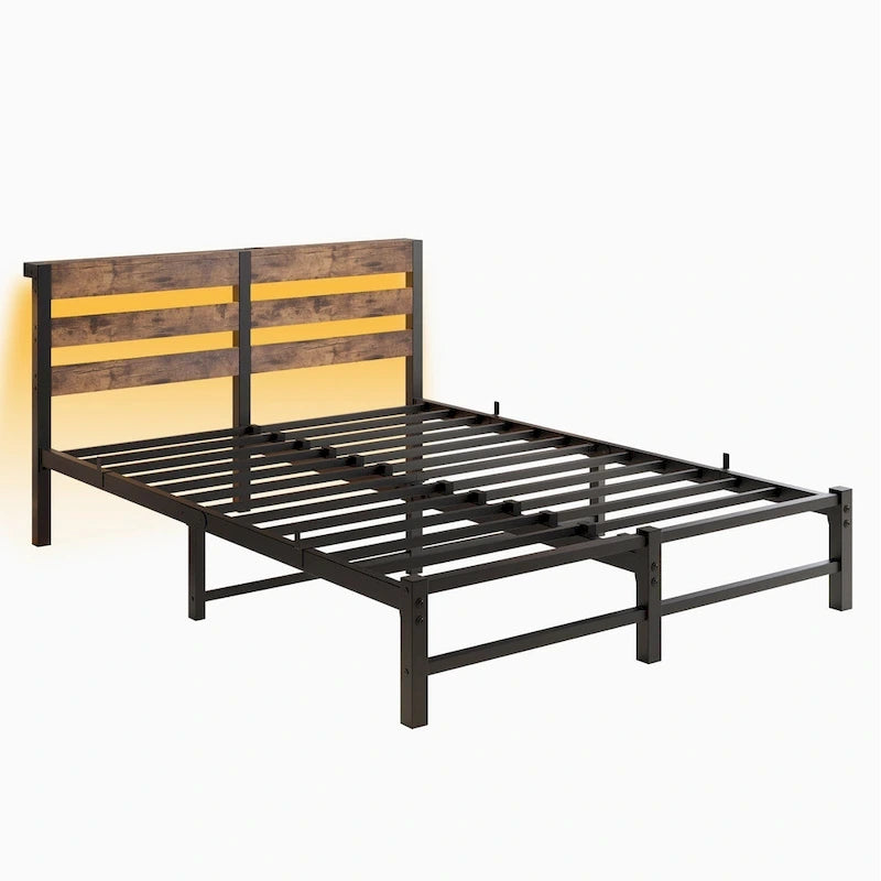 Letto matrimoniale moderno in metallo beige e marrone con testiera in legno, luci RGB e ripiano portaoggetti per camera da letto