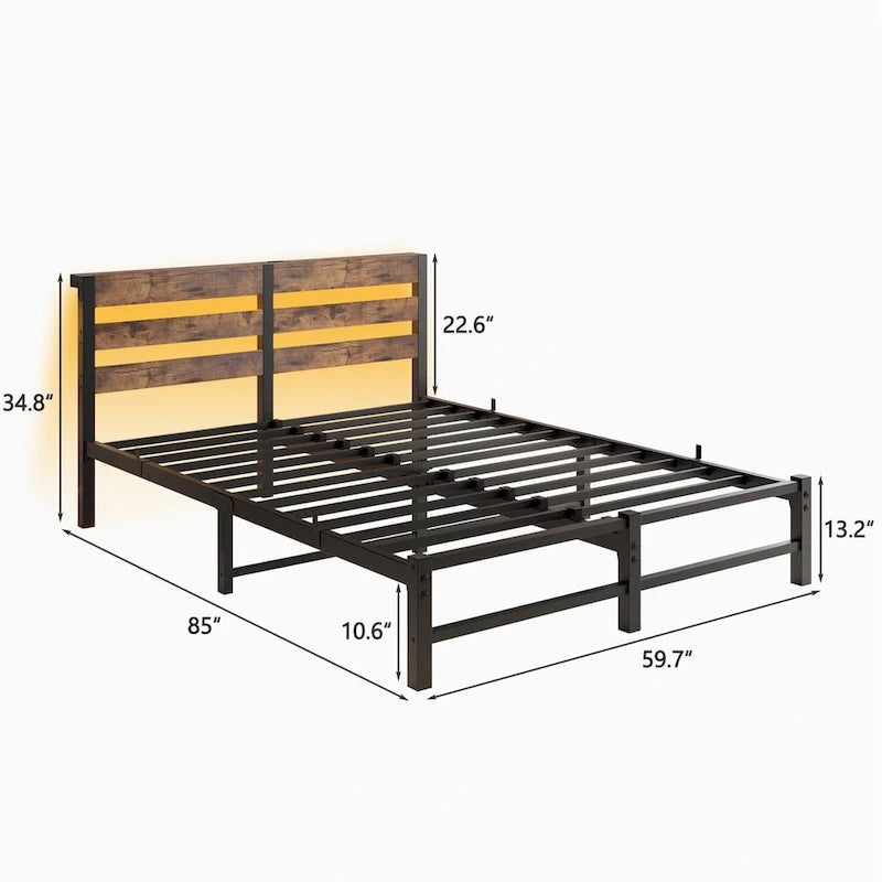 Letto matrimoniale moderno in metallo beige e marrone con testiera in legno, luci RGB e ripiano portaoggetti per camera da letto