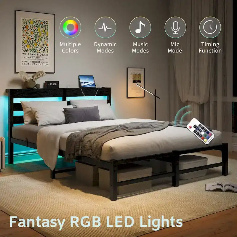 Letto matrimoniale moderno in metallo nero con testiera in legno e luci RGB