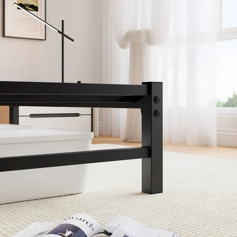 Letto matrimoniale moderno in metallo nero con testiera in legno e luci RGB