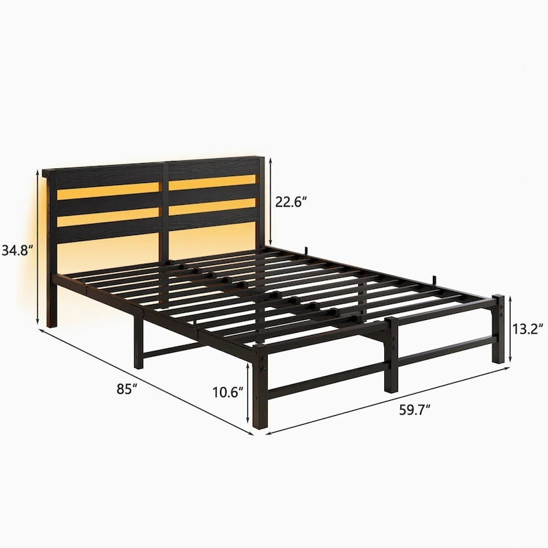 Letto matrimoniale moderno in metallo nero con testiera in legno e luci RGB