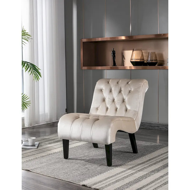 Poltrona accent tufted con bottoni color beige 22.83 e gambe in legno