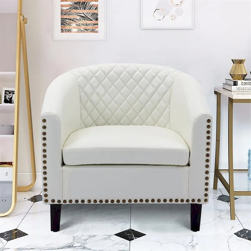 Poltrona a barilotto Accent, sedia da salotto con borchie e gambe in legno massiccio