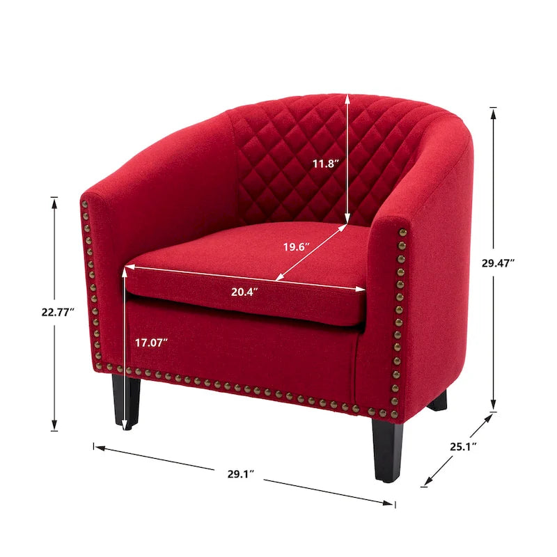 Poltrona a barilotto Accent, sedia da salotto con borchie e gambe in legno massiccio