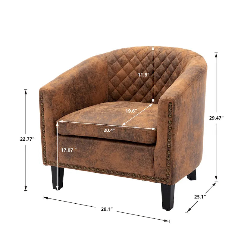 Poltrona a barilotto Accent, sedia da salotto con borchie e gambe in legno massiccio