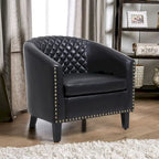 Poltrona a barilotto Accent, sedia da salotto con borchie e gambe in legno massiccio