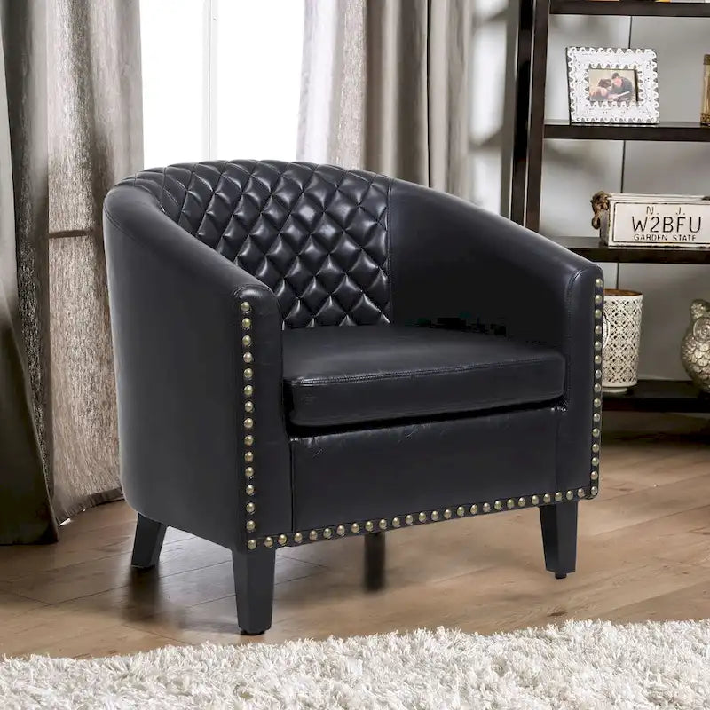 Poltrona a barilotto Accent, sedia da salotto con borchie e gambe in legno massiccio