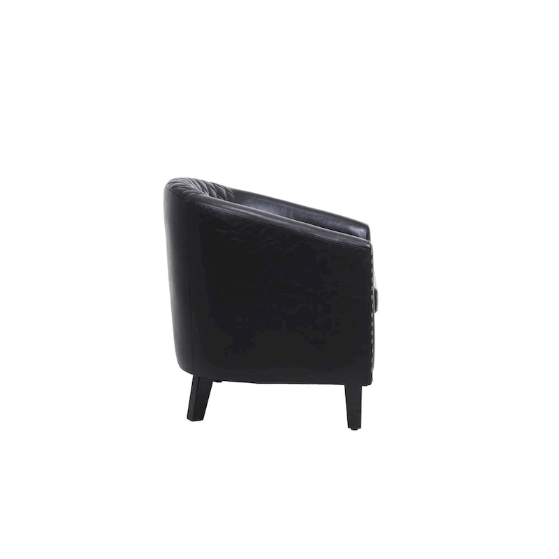 Poltrona a barilotto Accent, sedia da salotto con borchie e gambe in legno massiccio