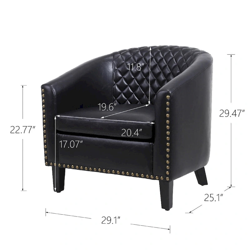 Poltrona a barilotto Accent, sedia da salotto con borchie e gambe in legno massiccio