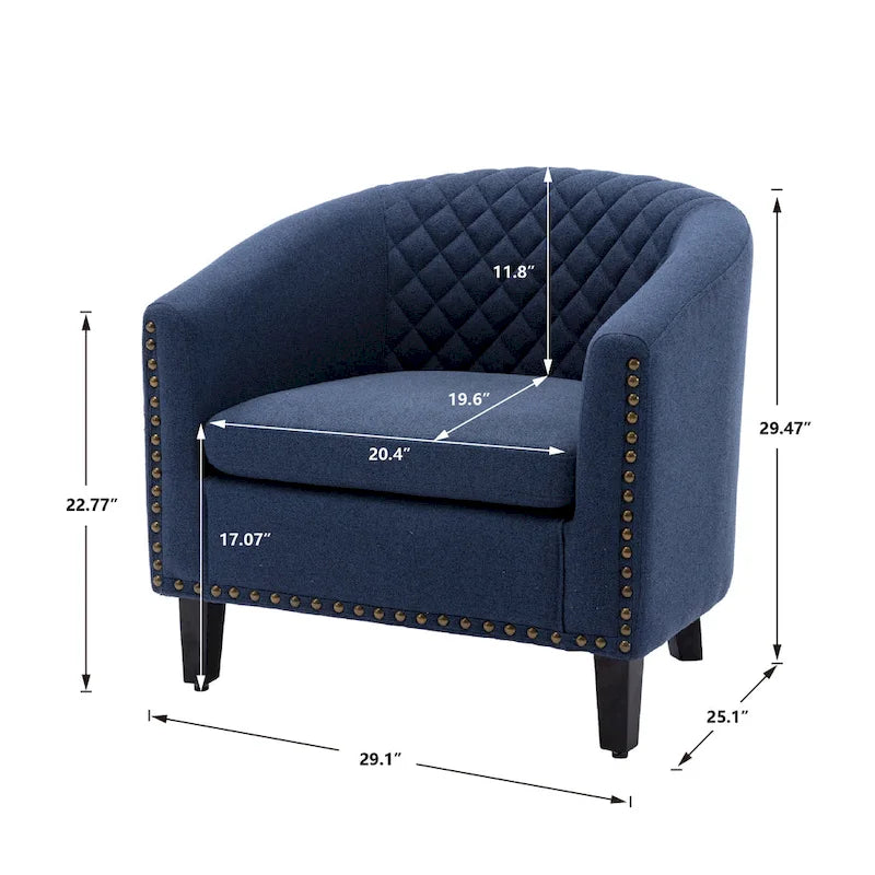 Poltrona a barilotto Accent, sedia da salotto con borchie e gambe in legno massiccio