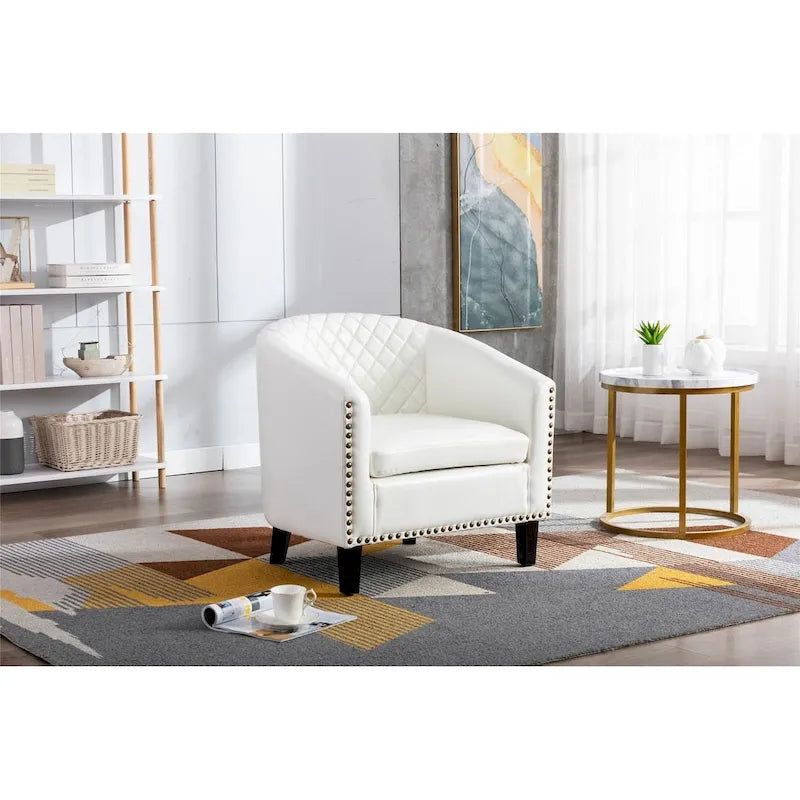 Poltrona a barilotto Accent, sedia da salotto con borchie e gambe in legno massiccio