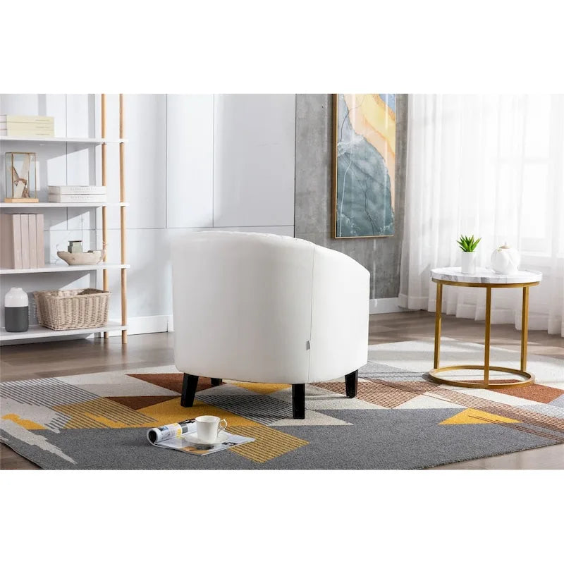 Poltrona a barilotto Accent, sedia da salotto con borchie e gambe in legno massiccio