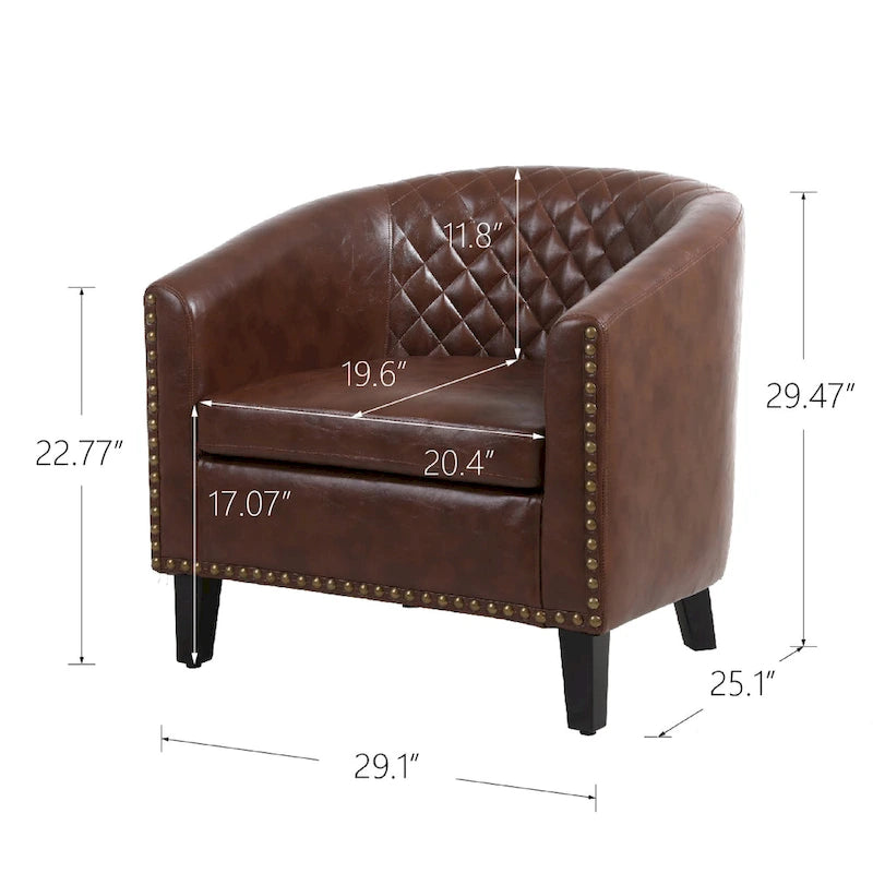 Poltrona a barilotto Accent, sedia da salotto con borchie e gambe in legno massiccio