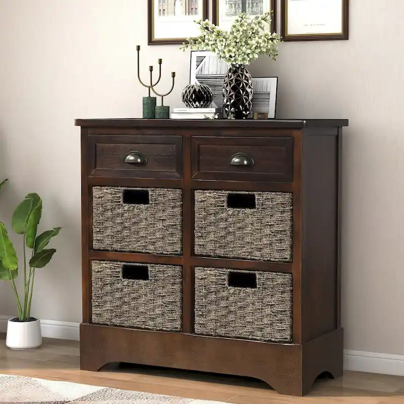 Mobiletto contenitore con 2 cassetti e 4 cestini in rattan classico