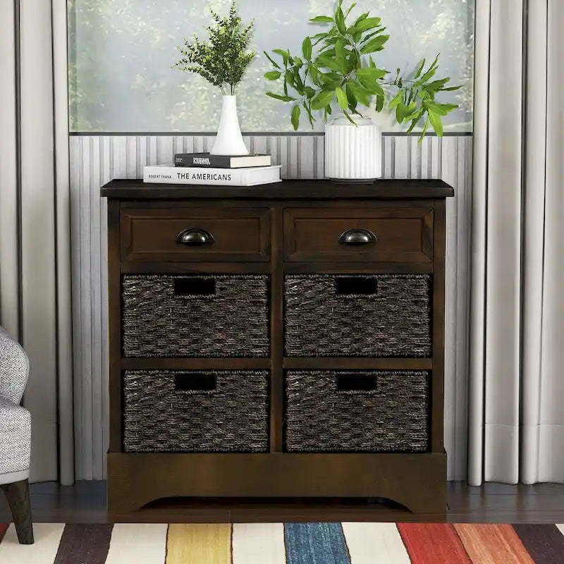 Mobiletto contenitore con 2 cassetti e 4 cestini in rattan classico