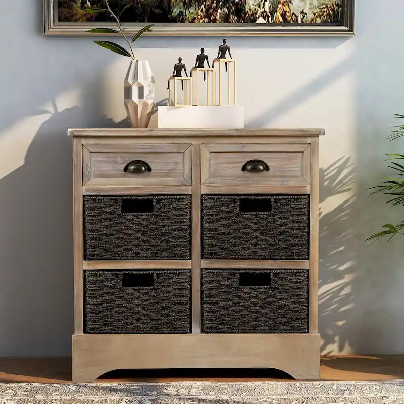 Mobiletto contenitore con 2 cassetti e 4 cestini in rattan classico