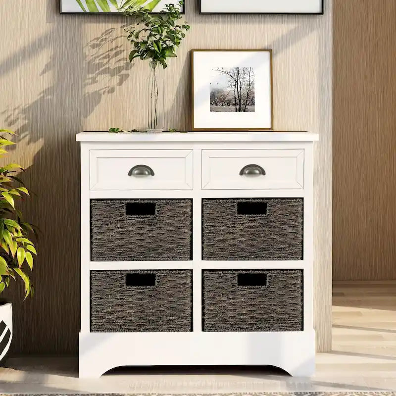 Mobiletto contenitore con 2 cassetti e 4 cestini in rattan classico