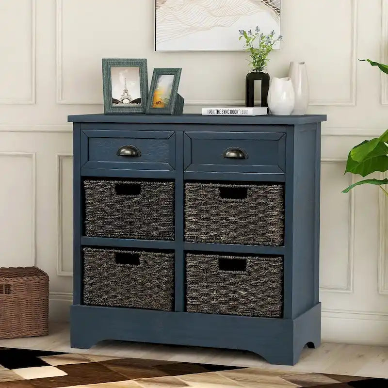 Mobiletto contenitore con 2 cassetti e 4 cestini in rattan classico