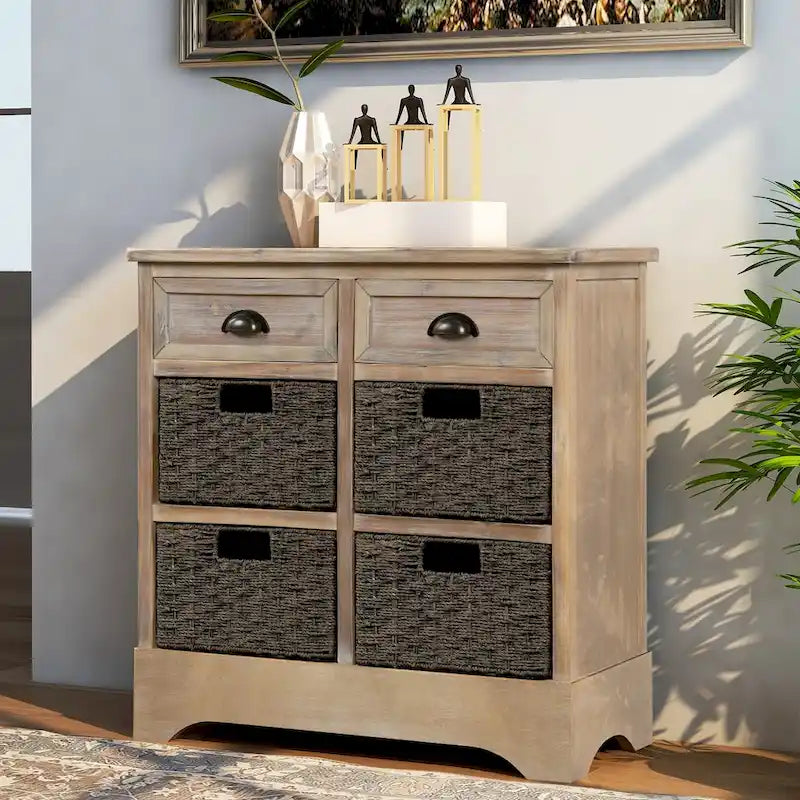 Mobiletto contenitore con 2 cassetti e 4 cestini in rattan classico