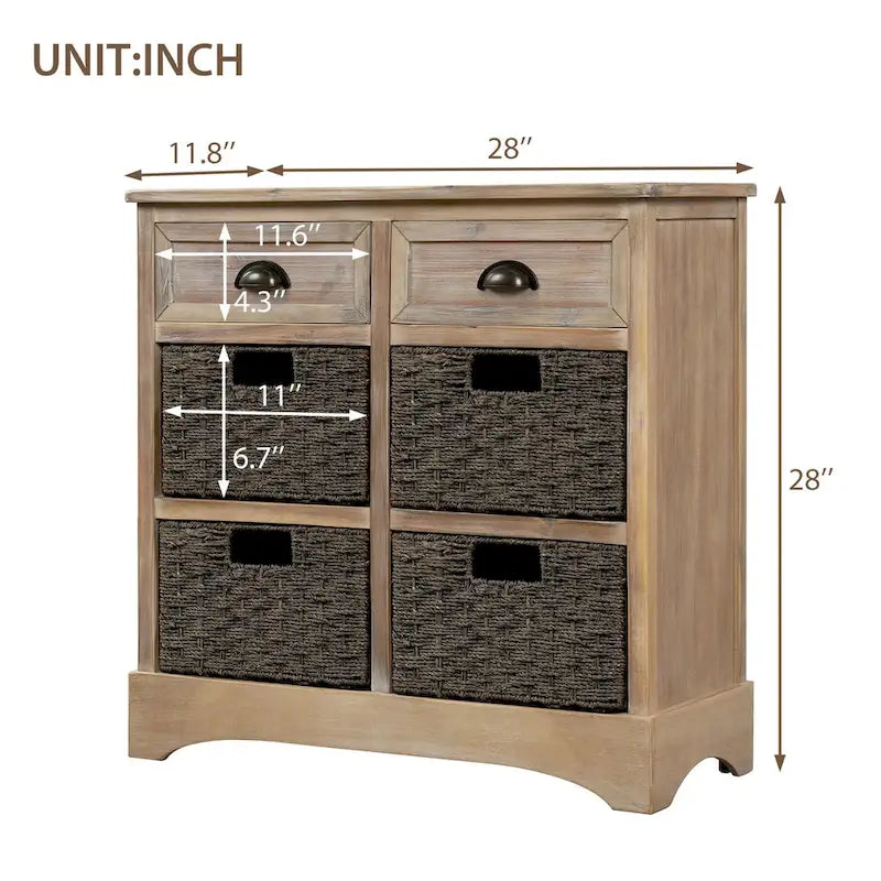 Mobiletto contenitore con 2 cassetti e 4 cestini in rattan classico