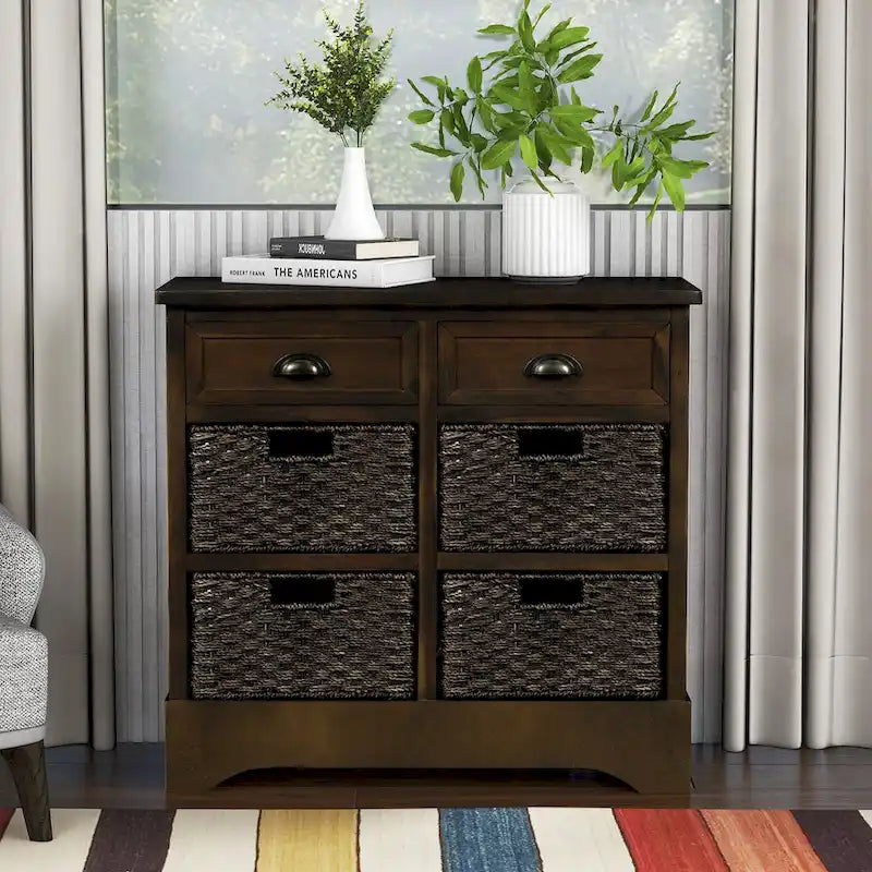 Mobiletto contenitore con 2 cassetti e 4 cestini in rattan classico