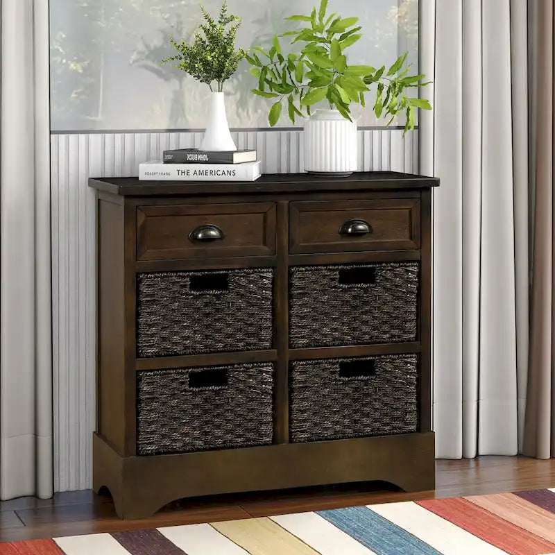 Mobiletto contenitore con 2 cassetti e 4 cestini in rattan classico