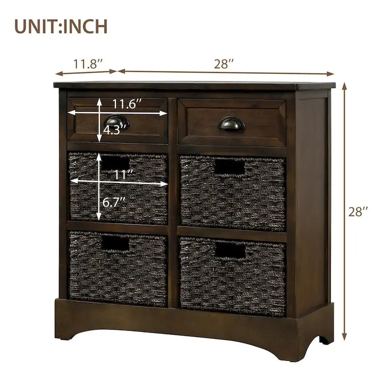 Mobiletto contenitore con 2 cassetti e 4 cestini in rattan classico