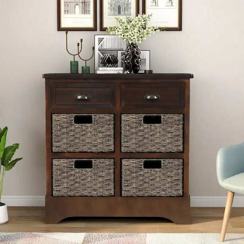 Mobiletto contenitore con 2 cassetti e 4 cestini in rattan classico