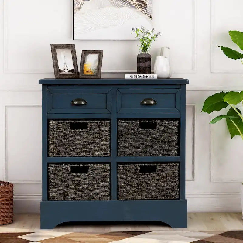Mobiletto contenitore con 2 cassetti e 4 cestini in rattan classico