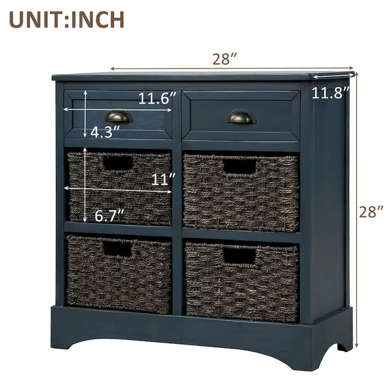 Mobiletto contenitore con 2 cassetti e 4 cestini in rattan classico