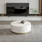 Tavolino moderno rotondo con ripiano effetto marmo e 2 cassetti