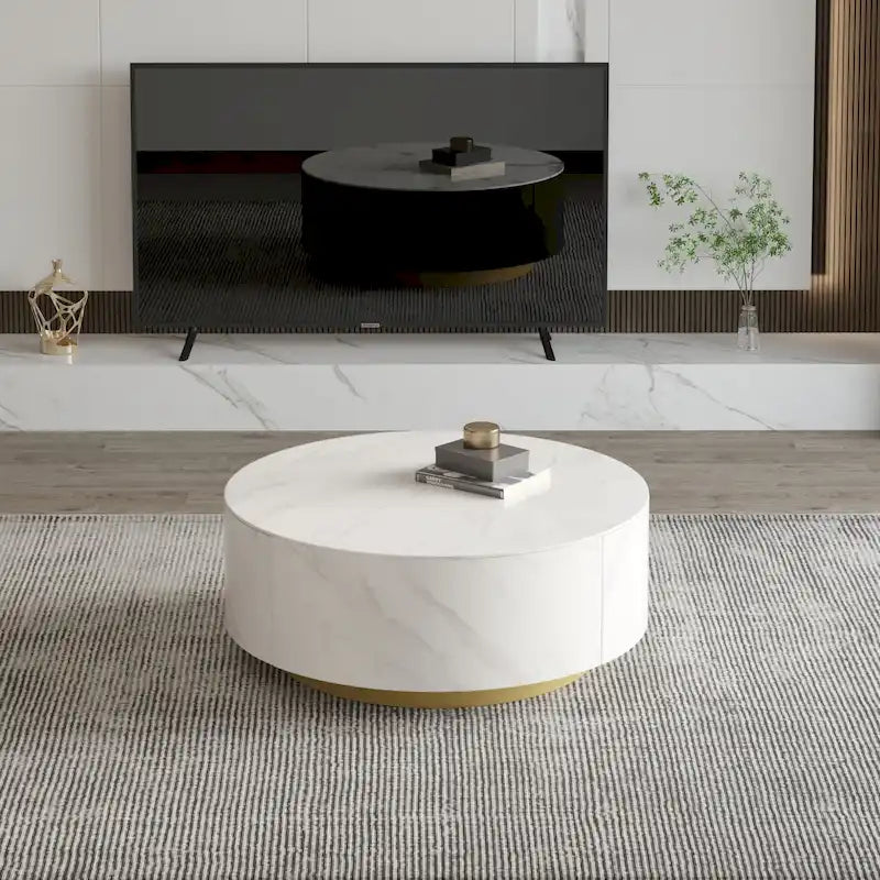 Tavolino moderno rotondo con ripiano effetto marmo e 2 cassetti