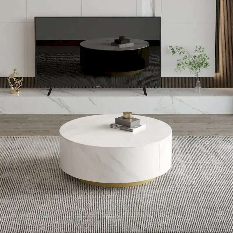 Faux Marble Top Round Modern Coffee Table with 2 Drawers