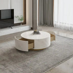 Tavolino moderno rotondo con ripiano effetto marmo e 2 cassetti